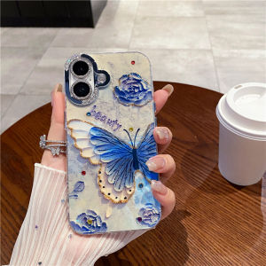 เคสสำหรับ iPhone 16 11 12 13 14 15 Pro 16 15 15 14 Plus 16 Pro Maxแฟชั่นกรอบเพชรที่3D สีน้ำเงิน-Ray เคสโทรศัพท์ซิลิโคนนิ่มป้องกันด้านหลังพื้นผิวมันวาวผู้หญิงหญิงสาวคู่รัก