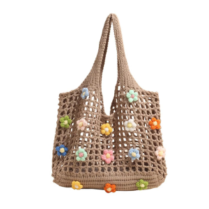 Women Knitted Armpit Bag Beach Bag Fashionable Shoulder Bag with Flowers Hollow Mesh Underarm Bag Shopping Bag