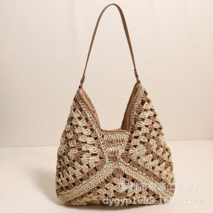 IELGY Straw Hollow Contrast Color Woven Bag Vacation Beach Bag