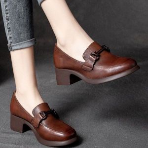 ZAZA รองเท้าส้นสูงสไตล์เกาหลีรองเท้าหนังวัวแบบส้นตึกสีดำ