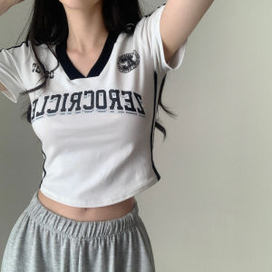 Crush Fashion Jersey Slim Fit Crop Top Fashion V-Neck Printed Short Sleeved T-Shirt for Women