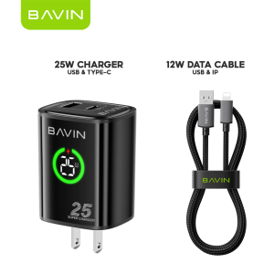 BAVIN PC2196 PD 25W+QC 3.0 Fast Charging Wall Charger USB-C + USB-A Dual Ports & LED Display w/ Type-C / iPh Cable