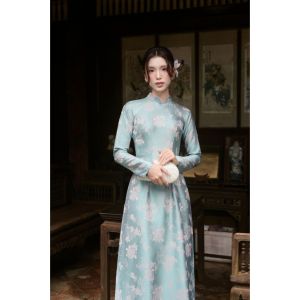 Áo dài truyền thống gấm MẪU ĐƠN cổ cao TAY DÀI phù hợp mọi dịp hồng xanh xanh rêu