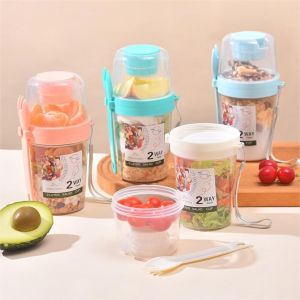 แบบพกพาถ้วยสลัดถ้วยข้าวโอ๊ตคู่โยเกิร์ตถั่วลดไขมันผักผลไม้กล่องถ้วยพร้อมฝาปิดช้อนถ้วยอาหารเช้ากล่องอาหารกลางวันแก้วอาหาร