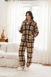 Casual Zipper Style Warm Homewear Design 2 Set of Plaid Printed Long Sleeve Fleece-Lined Thickened Pajamas
