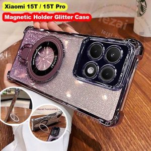 Glitter Casing for Xiaomi 15 T Pro 15T 15TPro 15Pro Xiaomi15TPro Clear Four Corner Anti Fall with Ring Holder Phone Case with Magnetic Stand Holder Soft Shockproof Clear Back Cover
