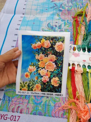 PHÔI Tranh thêu chữ thập phong cảnh hoa Hồng JYG-017 55*70cm - thêu kín