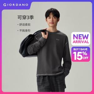 Giordano Beau Monde Men 100% cotton embroidery topstitch long sleeve tee Free Shipping 13026623