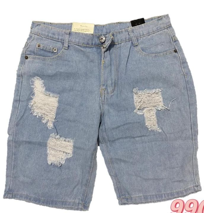 9905# Light Blue Men's Tattered Ripped Denim Shorts Not Stretchable