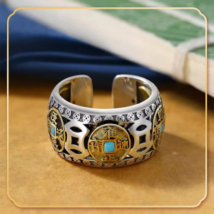 Rotatable 360° Turquoise Five Emperors Coin Ring   Lucky Wealth Money Health Band Adjustable Opening Ethnic Style