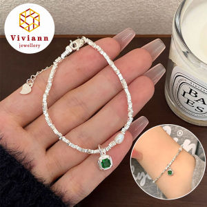 Viviann Original Design (碎银子系列) S925 Sterling Silver Vintage Green Square Diamond Pendant Pearl Bracelet For Women Korean Pendant Adjustable Cuff Bracelets Anniversary Jewelry