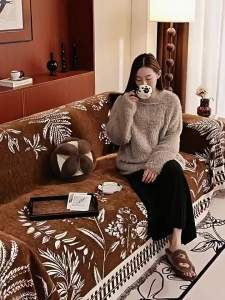 Chinese Classical Printed Chenille Sofa Cover Rural Plants and Flowers Couch Towel with Tassels Soft Anti Cat Scratch Dust Cover