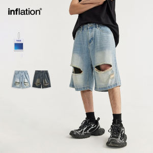 INFLATION Brand Mens Youth Scratched and Perforated Denim Shorts 2024 Spring/Summer New Fashion Brand Street Loose and Worn Personalized Shorts