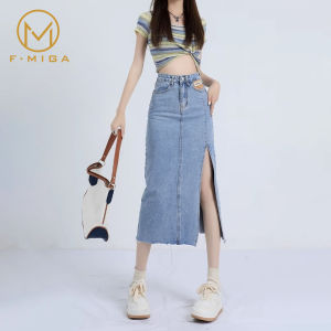 F·MIGA C155 Korean High Waist A-Line 3/4 Denim Rok Jeans Midi Wanita - Hitam