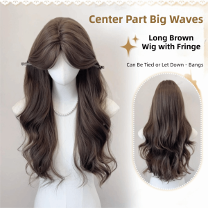 BEAUTYLADIES Fashion Long Brown Wig with Fringe Layered Synthetic Hair Large Wave Curly Hairstyle Sweet Natural Cosplay Halloween Wig for Women