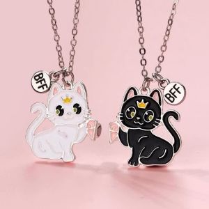 2pc Cute Cat Magnetic Necklace for Women Princess Heart Best Friend BFF Alloy Jewelry Cartoon Pendant