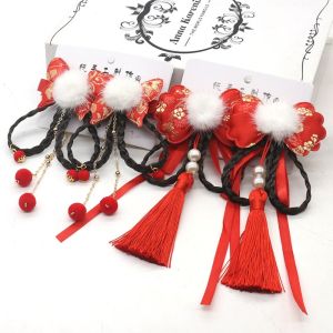 BEIBEI 2pcs Tassel Wig Braid Hairpin Kids Headwear Chinese Style Children Hanfu Headdress Hair Extension Cute Red Bow Hairclip New Year Festive