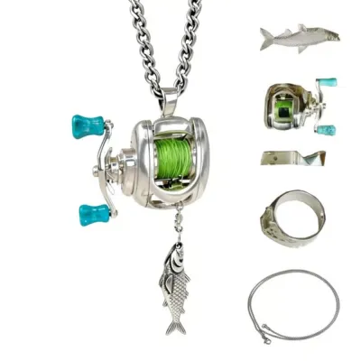 MACRAMEX Alloy Mini Fishing Reel Necklace with Rotatable Handle DIY Backpack Keychain Design Fishing Reel Ring Jewelry Accessories