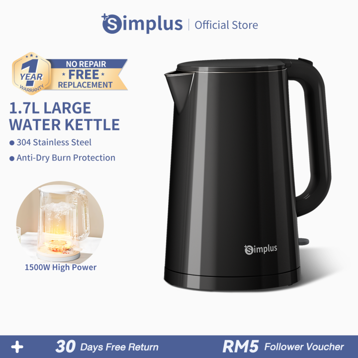 Simplus Electric Jug Kettle (1.7L/1500W) 304 Stainless Steel Auto Power Off Boil-Dry Protection
