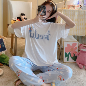 3pcs/Set Women cute cartoon pajamas korea short sleeve loose T-shirt + casual pants sleepwear