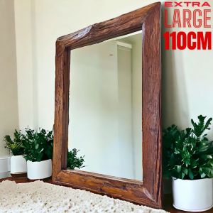 กระจกติดผนัง ปีกไม้ ขนาดใหญ่ กระจกห้องน้ำ ลายไม้ธรรมชาติ เคลือบสี กรอบกระจก ไม้สัก 110x80x5cm Large Teak wood Log mirror Rustic Mirror Bark Mirror