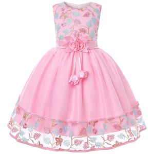 Trẻ Em Cô Gái Dresses tiệc sinh nhật Gown Flower thêu hoa Tutu Tulle Không Tay Ren bé gái công chúa Ăn Mặc