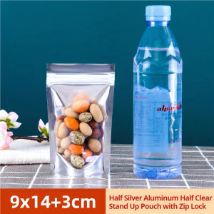 50-100 pcs Half Silver Half Clear Stand Up Pouch with Zip Lock Packaging Ziplock Resealable Half Silver Aluminum Half Clear