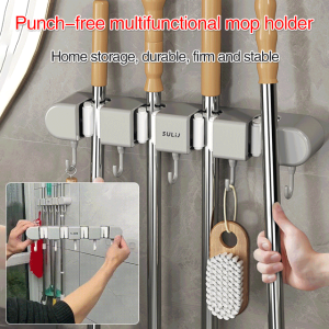 【Big Sale】🛒Punch-free mop holder multifunctional Wall-Mounted broom storage Holder balcony bathroom accessories .