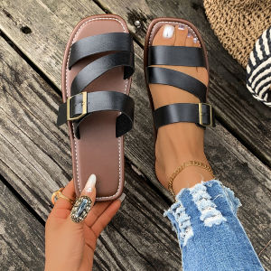 [Free Shipping] 2025 New Style WomenS Shoes Round Toe Flat Sole With Metal Buckle Fashionable WomenS Beach Sandals