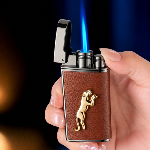 Bật lửa khè bọc da nâu cao cấp hình con báo - xài gas