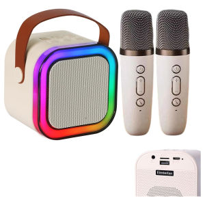 【🔥SG SELLER🔥】RICHMENTGADGET Portable Mini Bluetooth Speaker with Dual Wireless Microphone with Led Lights G Shape Mini Bluetooth Speaker Table Lamp with Wireless Charger for Girls Boys Birthday Home Party Music Party Speaker Gifts for Home Outdoor