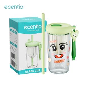 ECENTIO Pink Gelas Kopi Aesthetic free sticker 500ml Tumbler Kaca Sedotan Silikon Lucu