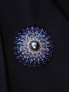 Natural Tahitian Saltwater Pearl Brooch Gradient Blue Floral Luxury Brooch & Pendant 2-in-1 Gift for Women