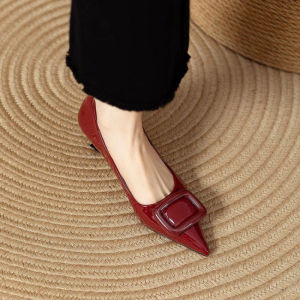 [Free Shipping] Pointed-Toe Buckle Backless Flats For Women Red Glossy Shallow-Toe Stiletto Heels Elegant And Simple For Commuting