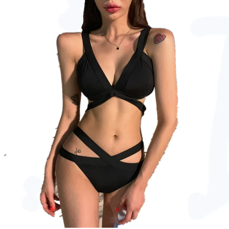 CORITIV small chest gathered bikini swimsuit three-point flat chest black  sexy hot spring plaid black plaid