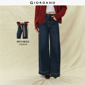 Giordano Women High-Waisted Wide-Leg Denim Pants with Contrast Printed Belt Free Shipping 18415527