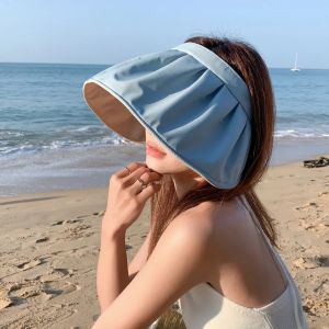 หมวกแบบมีห่วงคาดผมพับได้สำหรับหมวกกันแดดผู้หญิงฤดูร้อนมีสไตล์หมวกแบบพกพาสำหรับกลางแจ้งชายหาดที่นุ่มบังแดดหมวกประดับเปลือกหอยปีกกว้าง