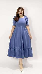 Beatrice Ribbon Dress with Pocket and Tie Casual Comfort Neoprene Material Square Neckline Puff Sleeves Midi Length Elegant & Timeless Look