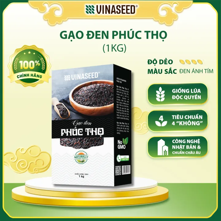 Gạo Lứt Đen Phúc Thọ Vinaseed túi 1kg - Gạo tím than dẻo dành cho người giảm cân, thực dưỡng, ăn kiêng, tiểu đường, béo phì