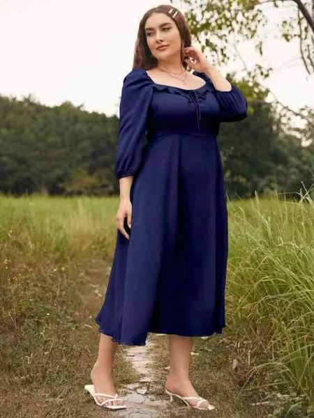 Plus Size Formal Dress Long Sleeve V Neck High Waist Plain Maxi