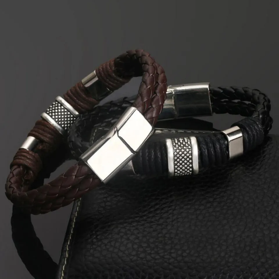 Fashion Men Woven Leather Wrap Bracelets Handmade Multilayer Braided Rope  Bracelet Male Magnetic Clasp Wrist Bangle Jewelry Gift