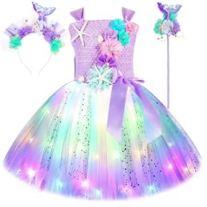 Girls LED Flashing Mermaid Performance Clothing Kids Birthday Beauty Outfit Fish-Tail Floral Mermaid Princess Tulle Dress2026