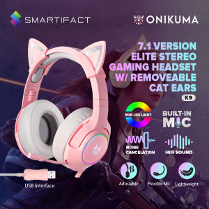 ONIKUMA K9 7.1 Version Surround Gaming Headset With Removable Pink Cat Ears Cut Gaming Headset With Mic and Noise Canceling Retractable Microphone Headphone Gaming with RGB Led Light for Mobile Phone Laptop PS4 PS5 PC XBOX