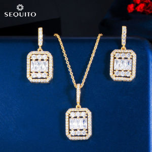 SEQUITO Cubic Zirconia Simple Rectangle Pendant Necklace Earrings for Bridal Wedding Party Jewelry BBF Gift SJ189