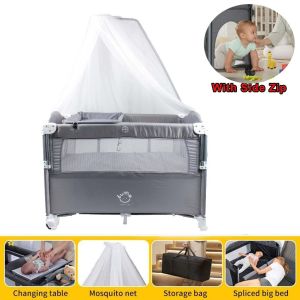 Baby Rocker Crib Convertible to Rocker and Playpen Crib with Mosquito Net and Diaper Changing Table