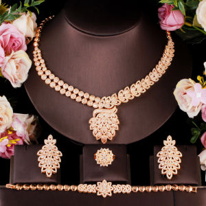 SEQUITO Luxury Statement Bride 4Pcs Jewelry Set Leaf CZ Wedding Charm Pendant Earrings Necklace Bracelet and Ring SJ146