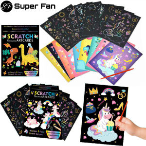 1Set Magic Color Rainbow Dinosaur Cartoon Scratch Art Painting Paper Card Kit Drawing Stick Kids DIY Drawing Toys (Super Fan)