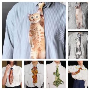 LUXURYLYN Animal Pattern Fish-shaped Mens Tie Novelty 3D Cat Kitten Necktie Fashion Satin Fabric Creative Neck Tie For Wedding and Party