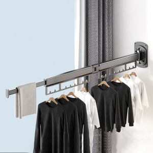 ANAMA Space Aluminum Folding Clothes Hanger Rotatable Retractable Clothes Organization Rack Household Wall Mount Folding Clothes Pole Outdoor