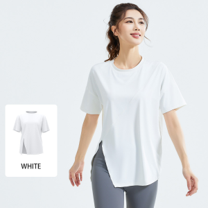 UMISO Women Sports T-shirt Loose Breathable Running Workout Fitness Round Neck Split Sports Short Sleeves Plus Size